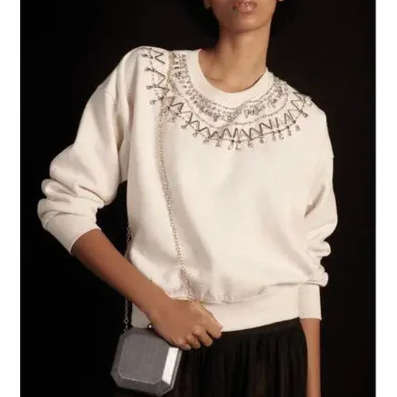 Anthropologie Maeve Embellished Collar Pullover Sweatshirt Light Sand S - Picture 1 of 10